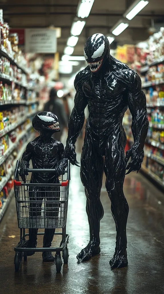 A large Venom figure and a smaller child-sized Venom stand in a grocery store aisle.  The adult Venom holds the shopping cart while the smaller Venom stands inside.  The setting is a dimly lit supermarket with shelves of products visible in the background.  Both figures are detailed, mimicking the appearance of the Marvel character.  The overall image creates a humorous and surreal juxtaposition.