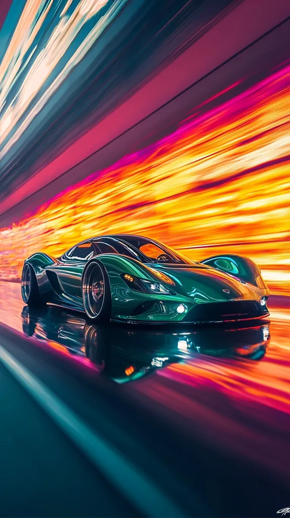 A sleek, dark-green sports car speeds through a vibrant tunnel.  The tunnel walls are a blur of motion, displaying streaks of teal, pink, orange, and yellow light. The car's reflection is visible on the wet road surface, enhancing the sense of speed and dynamism.  The overall image is a captivating blend of futuristic design and energetic movement.