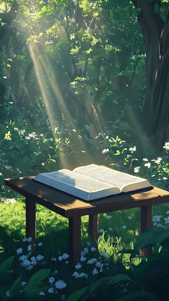 Sunlight streams through a lush green forest, illuminating a small wooden table.  A book lies open on the table, its pages bathed in the golden light.  Delicate white flowers dot the vibrant green grass surrounding the table, creating a serene and peaceful atmosphere. The scene evokes a sense of tranquility and quiet contemplation in nature.