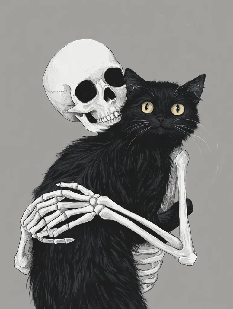 A grayscale illustration depicts a skeleton gently embracing a black cat. The skeleton's bony arms and hands cradle the cat, which looks directly at the viewer with wide, expressive eyes. The contrast between the skeletal form and the soft fur of the cat creates a poignant and slightly macabre image, suggesting themes of life, death, and companionship.  The background is a muted gray.