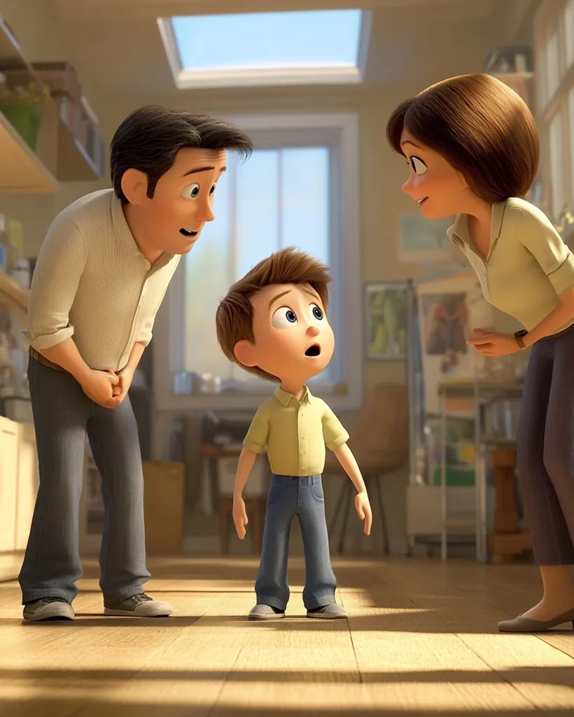 A young boy stands looking up at his parents in a brightly lit room. The parents, a man and a woman, bend down to speak to their son, their expressions showing concern or attentiveness. The scene is rendered in a 3D animation style, with realistic-looking characters and a warm, homey setting.  The boy's attire is casual, and the parents appear dressed for everyday life. The sunlit room suggests a moment of family interaction.