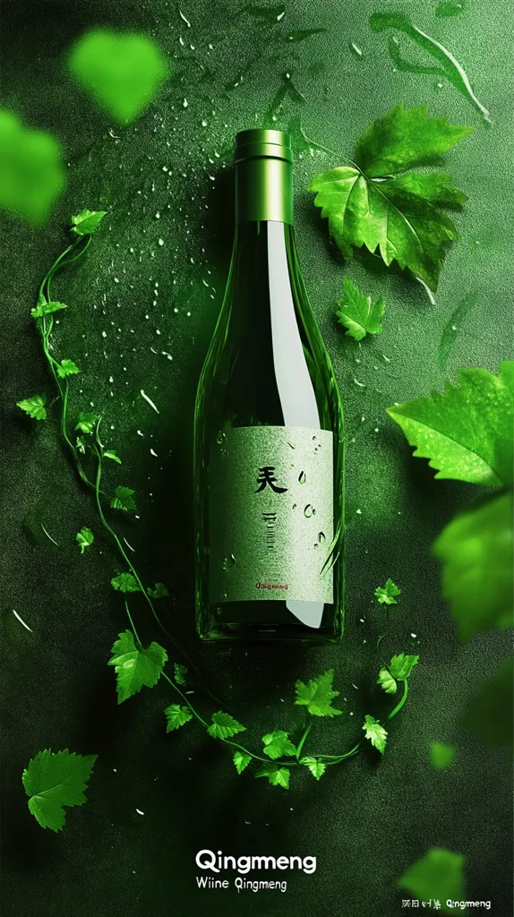 A bottle of Qingmeng wine rests on a dark green surface adorned with vibrant green leaves and vines.  Water droplets splatter across the scene, adding a fresh, dewy feel. The bottle's label features elegant Chinese calligraphy, signifying the wine's origin and name. The overall aesthetic evokes a sense of natural purity and sophistication.