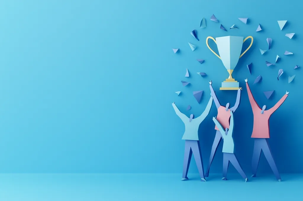 A group of paper-cut figures joyfully lift a trophy against a light blue background.  Confetti-like shapes rain down, symbolizing celebration and success. The image uses a minimalist style, focusing on the team's collective achievement.  The vibrant colors and simple design convey a message of teamwork and triumph.