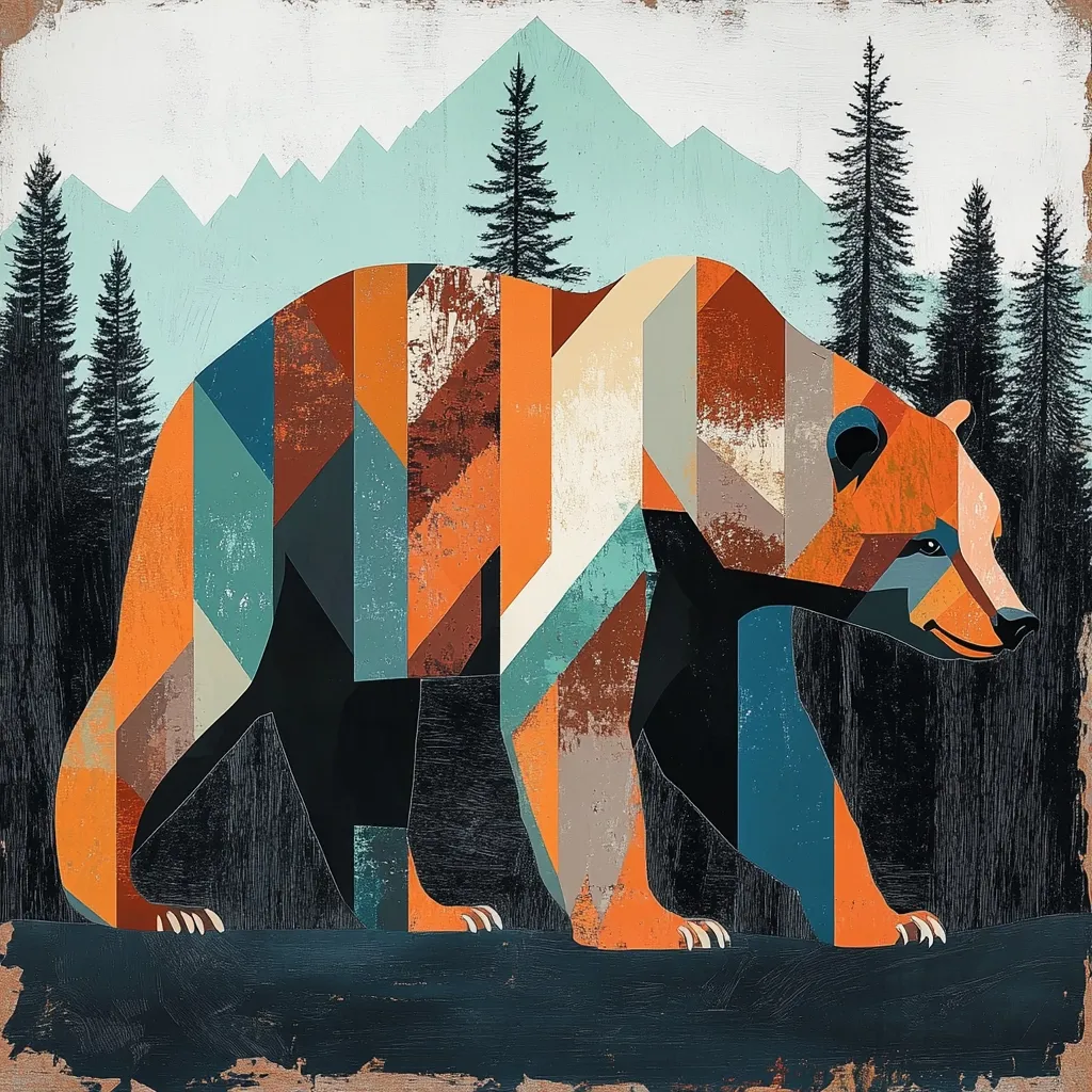 A stylized geometric bear dominates the artwork, its form constructed from a patchwork of oranges, browns, teals, and blacks.  The bear stands against a backdrop of a muted blue mountain range and a dark silhouette of evergreen trees, creating a serene yet bold composition. The artistic style is reminiscent of mid-century modern design, blending nature with abstract form.