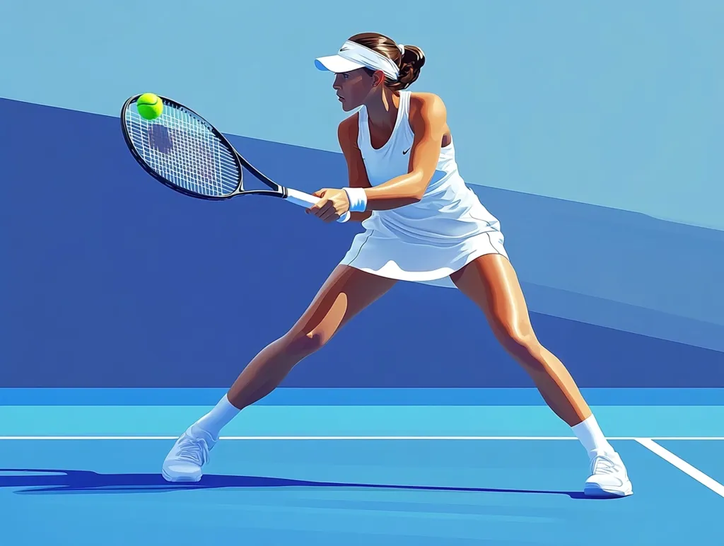 A stylized illustration depicts a female tennis player in motion.  She's captured mid-swing, her white tennis dress and visor contrasting against the vibrant blue court.  The dynamic pose emphasizes the power and grace of her movement, the tennis ball clearly visible in the air above her racket. The overall style is clean and graphic, focusing on bold colors and strong lines.