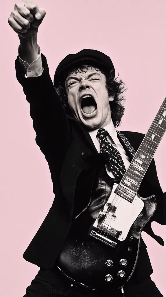 A black and white photo of Angus Young, the AC/DC guitarist, captured in dynamic action.  His arm is raised in a fist, embodying raw energy. He's wearing a signature schoolboy cap and suit, his mouth wide open in a powerful yell as he plays his Gibson SG guitar. The image's stark contrast and high energy evoke the band's powerful rock and roll style.