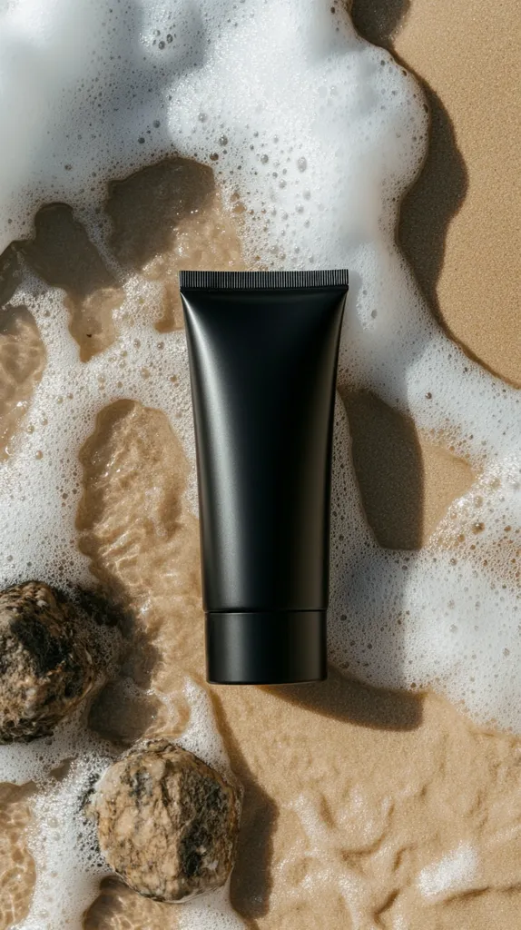 A black tube of skincare product sits on a sandy beach amidst white sea foam.  Two dark, textured stones are partially submerged in the foam near the tube. The scene evokes a feeling of relaxation and natural beauty, suggesting a product suitable for post-beach or sun care. The minimalist aesthetic highlights the product's sleek design.
