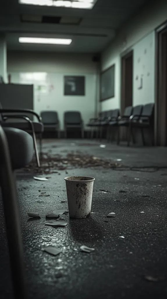 A dirty, discarded paper cup sits on a littered floor in a desolate waiting room.  Rows of empty chairs are visible down a long, dimly lit corridor, suggesting abandonment or neglect. The overall atmosphere is bleak and somber, with a gritty, dark color palette.  Broken pieces of something, possibly more cups, are scattered around the cup on the floor.