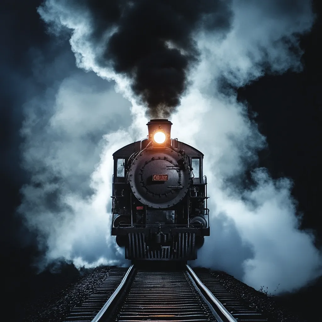 A vintage steam locomotive, shrouded in billowing smoke under a dark, moody sky, powerfully advances down the railway tracks.  Its headlight glows brightly, cutting through the atmospheric haze.  The scene evokes a sense of mystery and nostalgic adventure, reminiscent of a bygone era of steam-powered travel.  The dark background and dramatic lighting enhance the image's captivating mood.