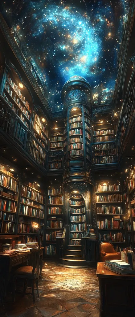 A breathtaking library, seemingly suspended beneath a celestial ceiling depicting a vibrant nebula.  Dark wood bookshelves overflow with countless volumes, illuminated by warm, soft lighting.  A central circular staircase ascends to unseen levels, adding to the mystical ambiance.  Comfortable seating and desks invite quiet contemplation within this enchanting space.