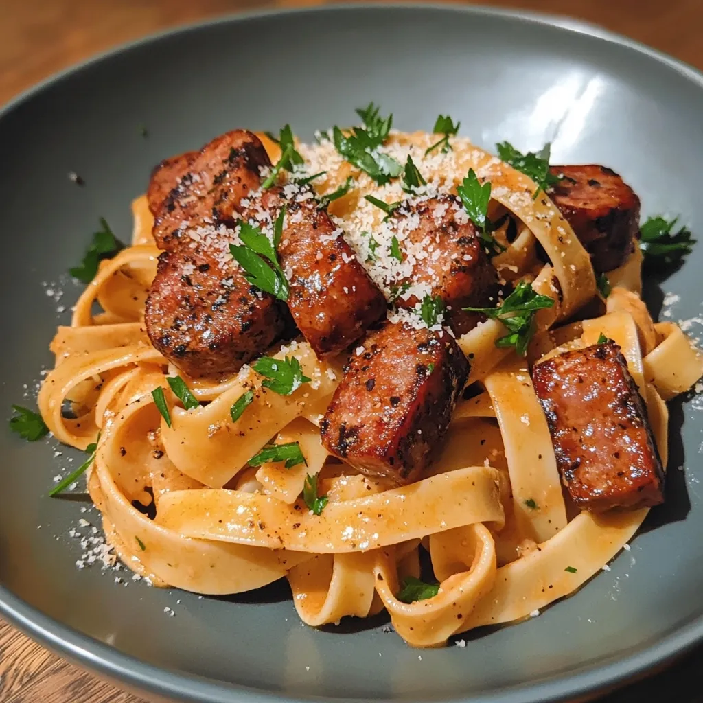 A close-up shot of a delicious pasta dish.  Fettuccine pasta is tossed in a creamy sauce and topped with savory, browned sausage cubes, fresh parsley, and grated Parmesan cheese. The dish is served in a dark gray bowl, highlighting the rich colors and textures of the food.  It appears warm, inviting, and perfectly seasoned.