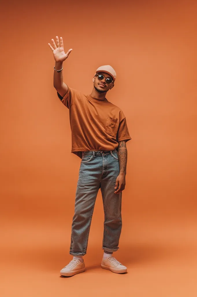 A young man with dark skin stands against a burnt orange background. He wears a loose, orange t-shirt, light wash jeans, white sneakers, and a beige baseball cap.  He's waving with his right hand, and sunglasses rest on his nose. His pose and expression are relaxed and friendly.