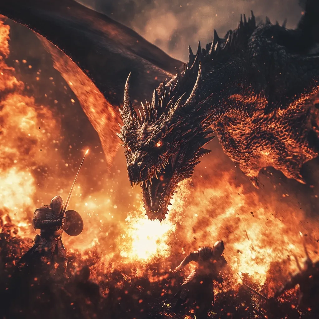 A fiery battle unfolds between a colossal, fire-breathing dragon and two brave knights.  Surrounded by raging flames and embers, the knights stand defiantly against the monstrous beast, swords drawn. The dragon's menacing presence dominates the scene, its scales glowing in the inferno.  The epic clash showcases a dramatic struggle between good and evil, set against a backdrop of apocalyptic destruction.