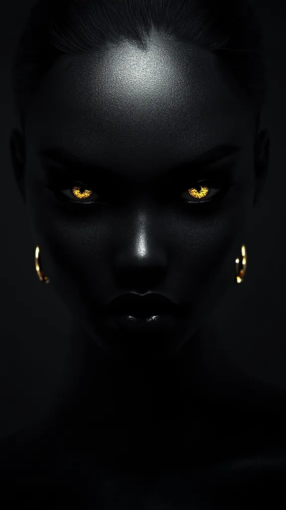 A close-up portrait of a dark-skinned woman's face, shrouded in shadow.  Her eyes gleam with intense golden light, contrasting sharply with her deep complexion.  Simple gold hoop earrings frame her face. The overall mood is mysterious and powerful, emphasizing the intensity of her gaze. The image is stark, with a high contrast between light and dark.
