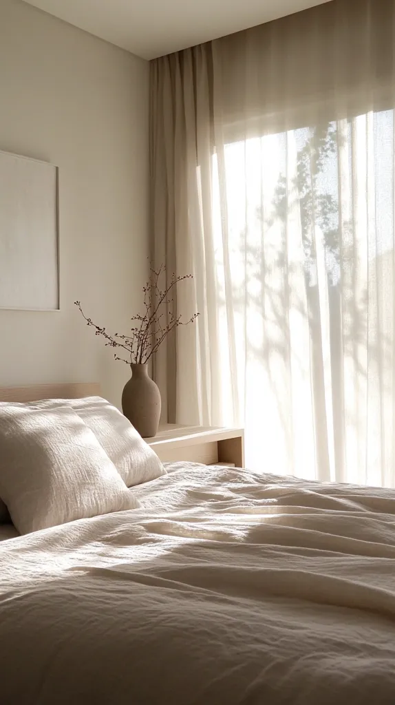 Sunlight streams through sheer curtains onto a neatly made bed with linen bedding.  A simple vase of dried branches sits on a light wood bedside table. The room is minimalist and serene, painted in calming neutral tones.  The overall ambiance is peaceful and tranquil.