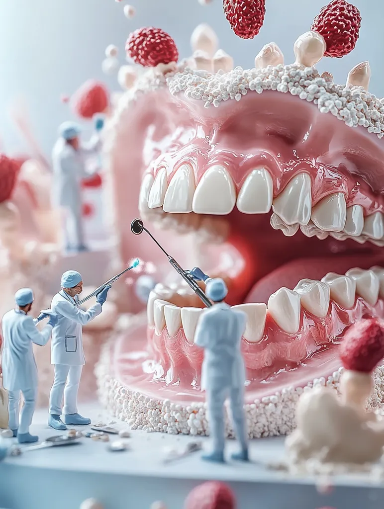 Miniature dentists meticulously work on a giant model of a human jaw, using tiny tools to clean and repair the teeth.  Surrounding the jaw are small, red, berry-like objects, possibly representing bacteria or other oral health issues. The scene is a whimsical yet detailed depiction of dental care.