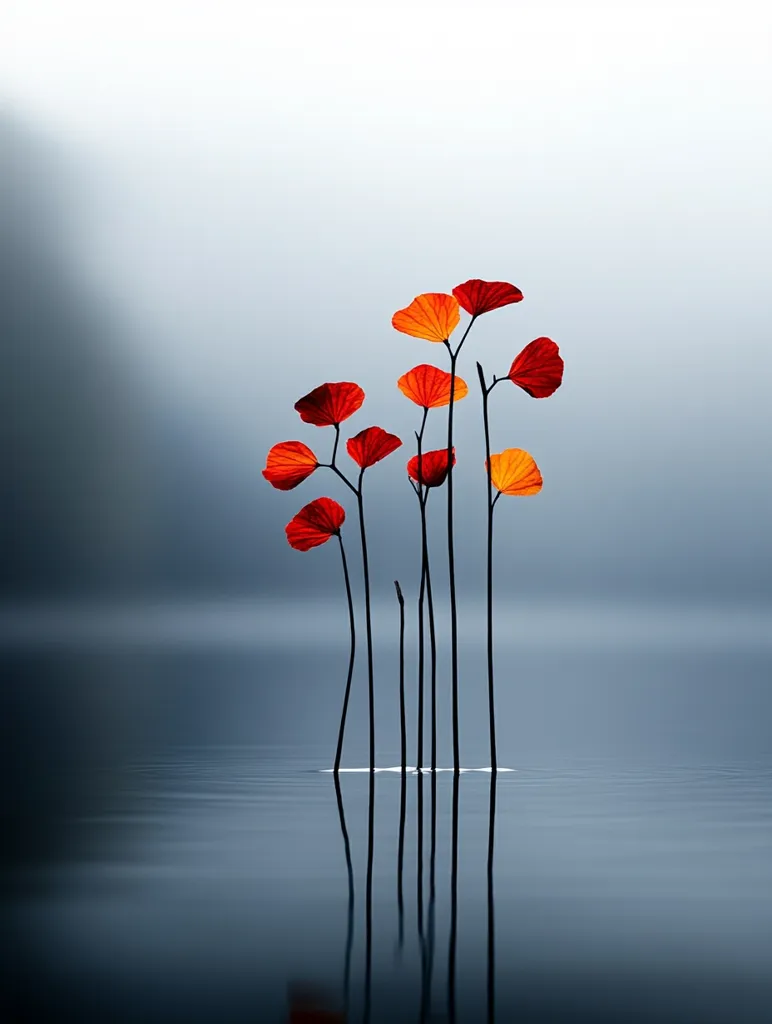 A minimalist photograph depicts several slender stems, each topped with a single, vibrant red-orange leaf, rising from calm, dark water.  The leaves resemble delicate, heart-shaped petals.  The muted background and serene water create a peaceful, almost meditative mood. The reflection of the stems and leaves is perfectly mirrored in the still water.
