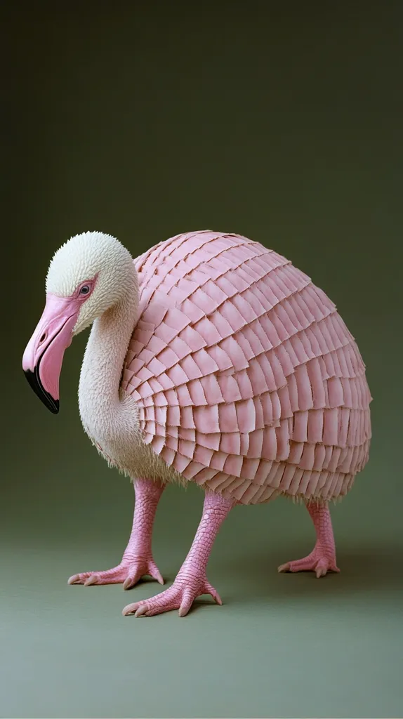 A digitally rendered image showcases a unique creature, seemingly a hybrid of a flamingo and an armadillo.  Its plumage is a soft pink, arranged in overlapping scales reminiscent of an armadillo's shell.  The creature's long, slender legs and flamingo-like head and neck complete the surreal, yet captivating, composition against a muted green background. The overall effect is both fantastical and strangely beautiful.