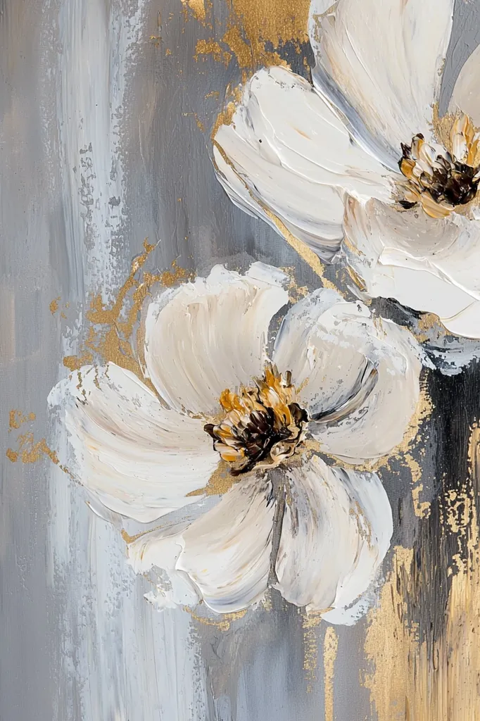 A close-up of an impasto painting depicts two large, off-white flowers against a gray and gold background.  The flowers are rendered with thick, textured brushstrokes, showcasing a creamy white with hints of beige and gold in their centers. The background features streaks of gray and gold accents, creating a luxurious and textured feel.  The overall style is modern and abstract, emphasizing texture and color interplay.
