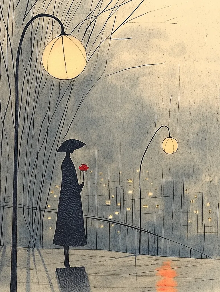 A lone figure, cloaked in black and holding a single red rose, stands beneath a lamppost on a bridge overlooking a city skyline at twilight.  The scene is rendered in muted blues and grays, conveying a sense of quiet melancholy.  The soft light of the lamps casts a gentle glow on the scene, enhancing the overall atmosphere of solitude and contemplation.