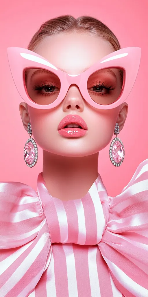 A stylish woman with a pink and white striped top and large pink cat-eye sunglasses poses against a pink background.  She wears matching pink gemstone earrings, her makeup is flawlessly applied, and her hair is neatly pulled back. The overall aesthetic is one of vibrant femininity and retro glamour.
