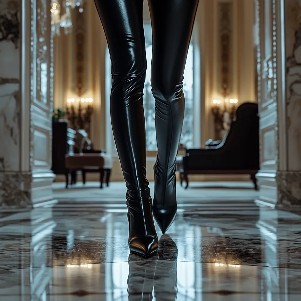 Close-up view of a woman's legs clad in black leather pants and thigh-high boots. She is walking down a polished marble hallway in a grand, opulent setting.  The reflection of the hallway and the boots are visible on the shiny floor. The overall atmosphere is one of elegance and mystery.