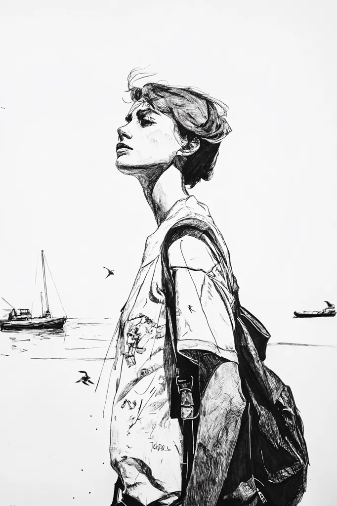 A black and white ink drawing depicts a young person, possibly female, standing on a beach, gazing out at the sea.  The figure is shown in profile, wearing a loose t-shirt and a backpack.  A sailboat and a smaller vessel are visible in the distance on calm water. The style is detailed and expressive, with a focus on the subject's contemplative pose.  Birds fly in the sky above.