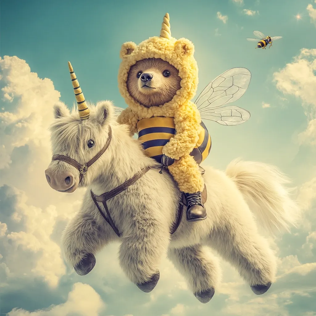 A whimsical illustration depicts a bear in a bee costume riding a fluffy unicorn through a pastel sky.  The bear, wearing yellow and black stripes and bee wings, sits astride the flying unicorn, its horn gleaming. A small bee flies in the distance, adding to the fantastical scene. The overall style is playful and lighthearted.