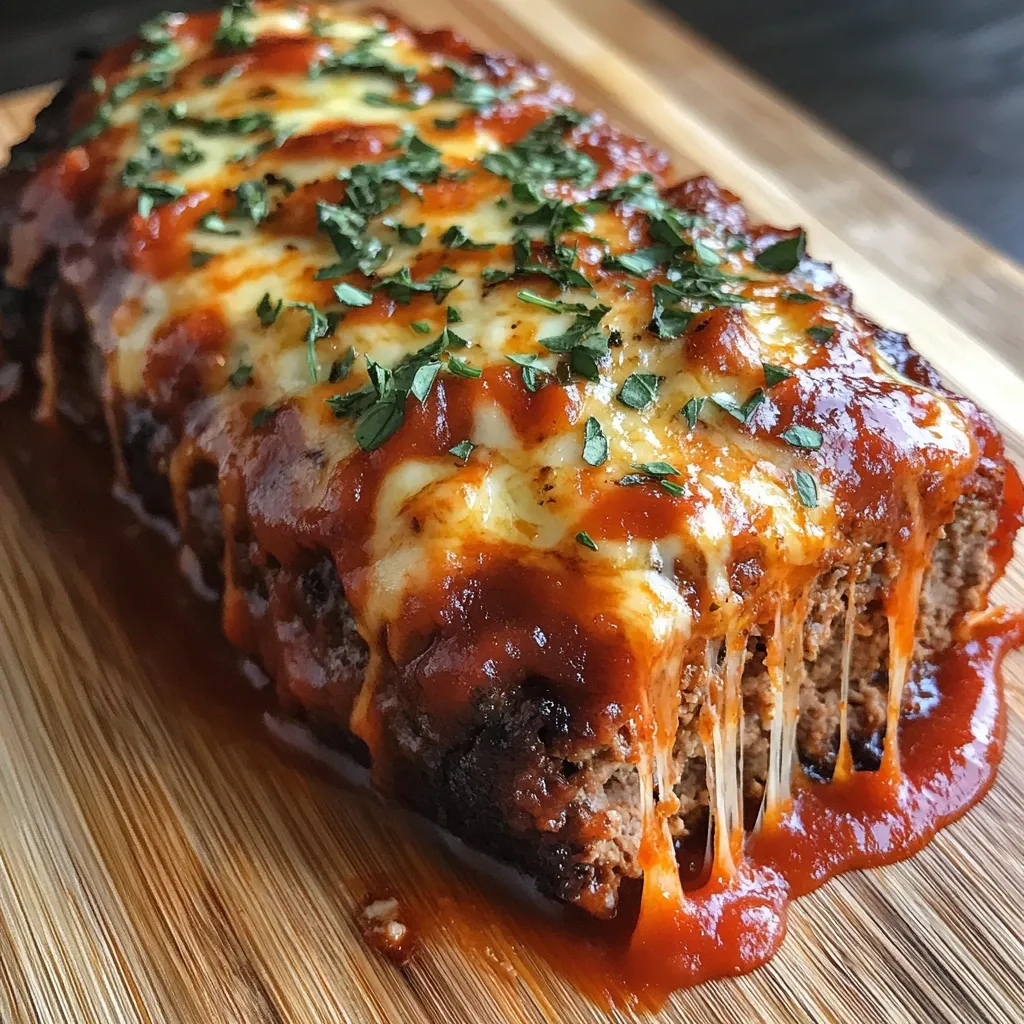 A meatloaf is baked to perfection, generously topped with a rich tomato sauce and melted mozzarella cheese.  Fresh parsley adds a pop of color and freshness. The cheese stretches invitingly, showcasing the moist and flavorful interior.  Served on a rustic wooden board, it’s a visually appealing and comforting dish.