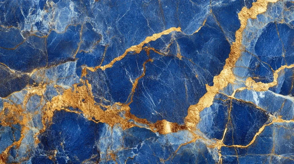A close-up shot reveals a luxurious blue marble surface adorned with intricate gold veining. The deep blue base is punctuated by striking golden cracks and fissures, creating a dramatic contrast.  The image showcases the marble's natural texture and the opulent interplay of color.  The overall effect is one of rich elegance and sophisticated design.