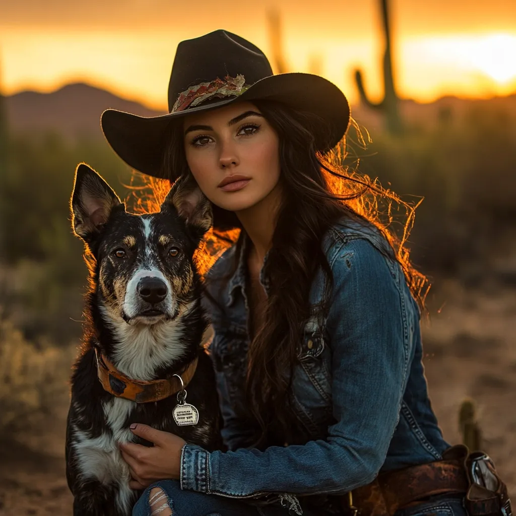 A young woman with long brown hair, wearing a cowboy hat and denim jacket, sits in a desert landscape at sunset.  She's cradling a medium-sized, tri-colored dog with a personalized collar. The warm light of the setting sun illuminates the scene, creating a dramatic and evocative image.  The overall mood is one of peaceful companionship and rustic beauty.