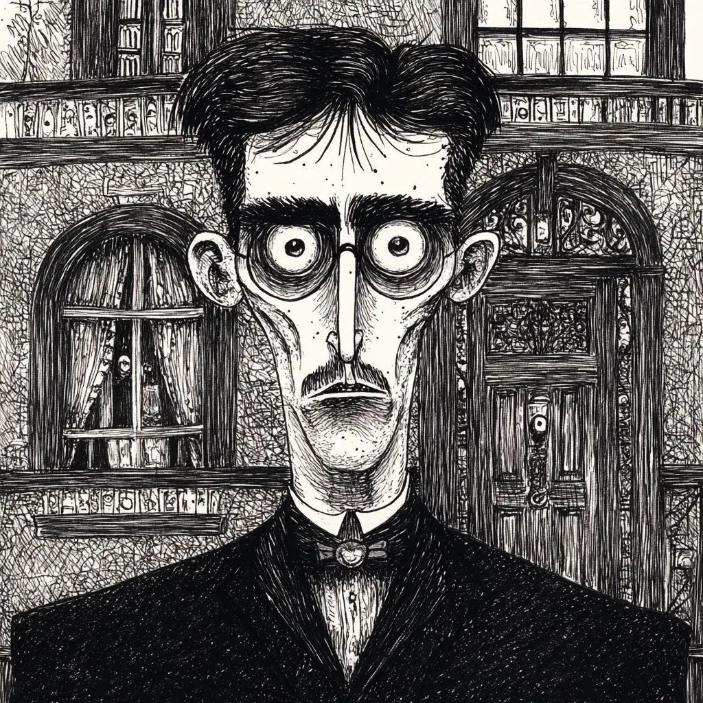 A stark black and white illustration depicts a man with exaggerated features: large glasses, a prominent nose, and a thin mustache.  His expression is serious, almost apprehensive. He is dressed in formal attire, a suit and bow tie, standing before a detailed, gothic-style house with an ornate door. The style is reminiscent of vintage horror or gothic fiction illustrations. The overall mood is unsettling yet intriguing.