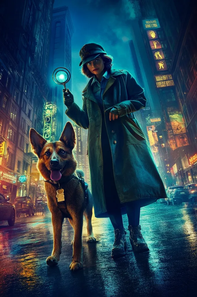 A woman in a trench coat and cap, holding a magnifying glass, stands with a German Shepherd in a rain-slicked city street at night.  Neon signs illuminate the urban backdrop, creating a vibrant, mysterious atmosphere. The dog wears a harness, and the woman's determined expression suggests a detective story unfolding. The overall mood is one of intrigue and adventure.