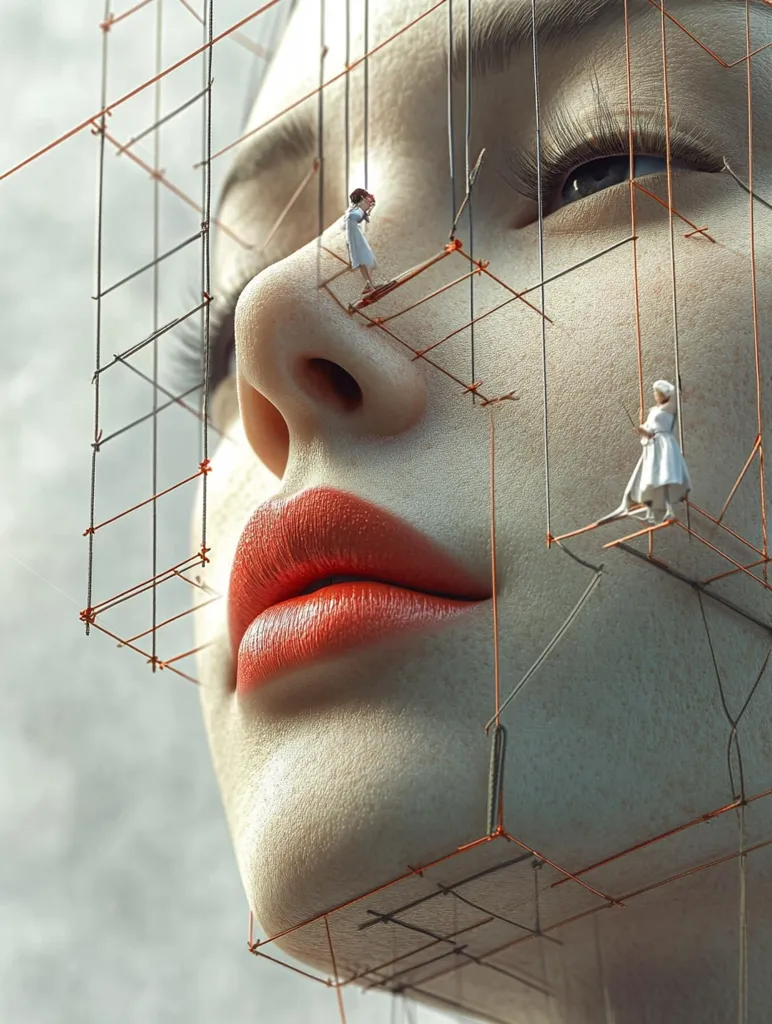 A surreal digital artwork depicts a close-up of a woman's face, seemingly constructed from a delicate, orange scaffolding.  Tiny figures in white dresses work on the structure, emphasizing the intricate detail and the juxtaposition of scale. The woman's features are soft yet striking, with vibrant red lips, creating a captivating and thought-provoking image.  The overall effect is one of fragile beauty and hidden complexity.