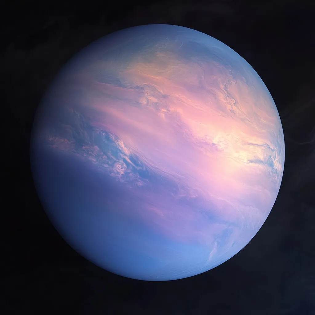 The image showcases a celestial body, possibly an exoplanet or a digitally rendered planet, floating in the inky blackness of space.  Its surface is predominantly a soft pastel blue, overlaid with swirling clouds of pale pink and lavender hues.  The atmosphere appears dense and serene, creating a dreamy and ethereal aesthetic. The contrast between the vibrant planet and the dark void emphasizes its otherworldly beauty.