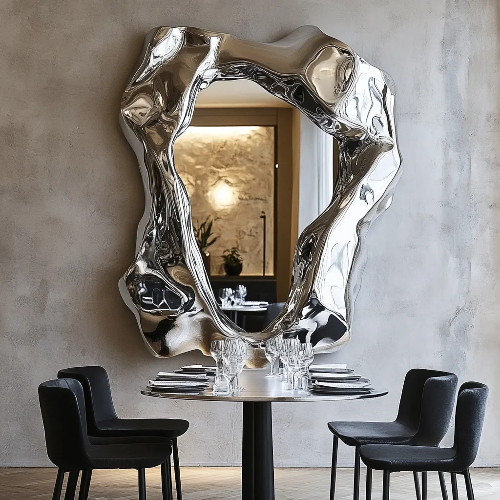 A modern dining space features a dramatic, irregularly shaped, polished chrome mirror as a focal point.  The mirror's abstract form contrasts with the sleek, dark chairs and minimalist round table set for a meal.  The neutral-toned textured wall provides a subdued backdrop, highlighting the mirror's reflective surface and sculptural design.  The overall aesthetic is sophisticated and contemporary.