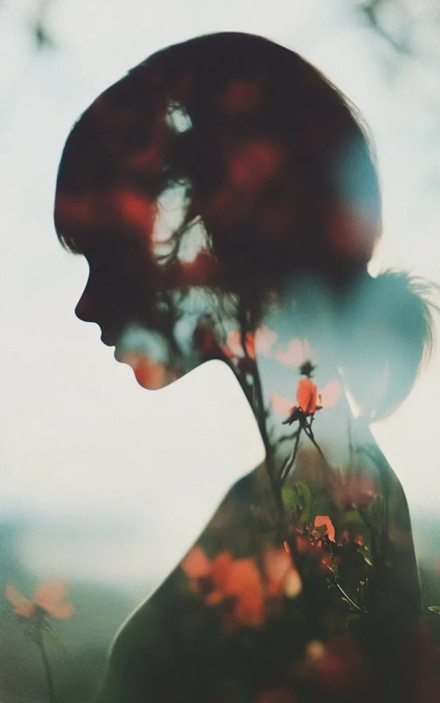 A double exposure photograph features a woman's profile silhouetted against a blurred background of flowers. Her dark hair is styled back, and her face is partially obscured by the overlapping floral imagery, creating a dreamy and ethereal effect. The soft lighting and muted color palette enhance the image's serene atmosphere, suggesting a connection between the woman and nature.