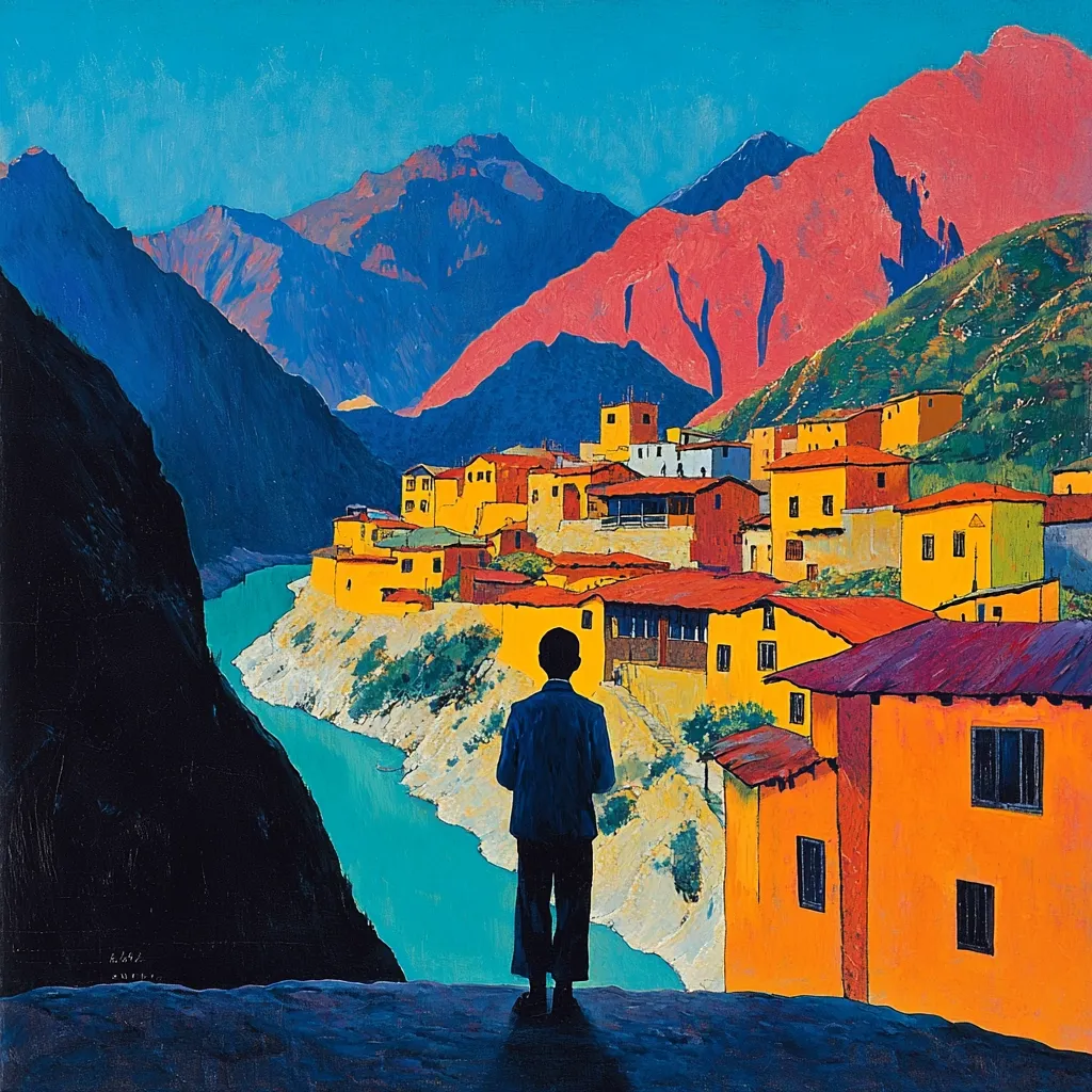 A vibrant painting depicts a young boy silhouetted against a stunning landscape.  He stands overlooking a turquoise river winding through a valley of brightly colored, yellow and orange houses nestled at the foot of dramatic, crimson and blue mountains. The style is bold and stylized, with strong color contrasts and simplified forms. The scene evokes a sense of serenity and wonder.