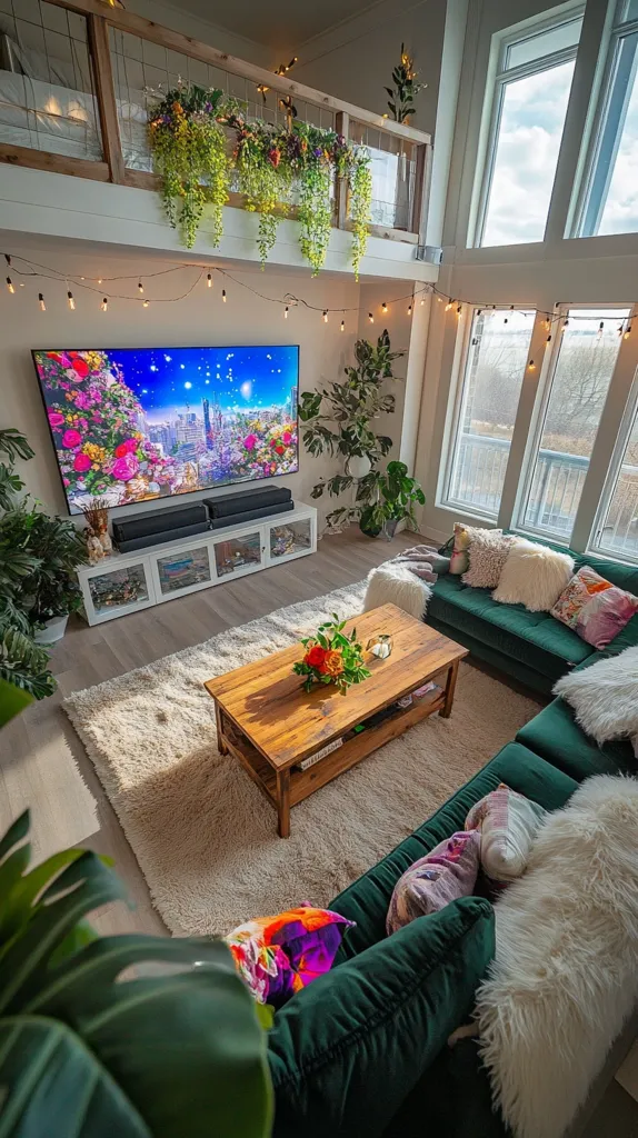 A modern living room with high ceilings and large windows features a plush emerald green sectional sofa.  A large TV displays a vibrant floral cityscape.  The room is decorated with lush potted plants, string lights, and a cozy, fluffy rug. A rustic wooden coffee table sits in the center, adding warmth to the sophisticated space.  Hanging plants adorn the loft-style upper level.