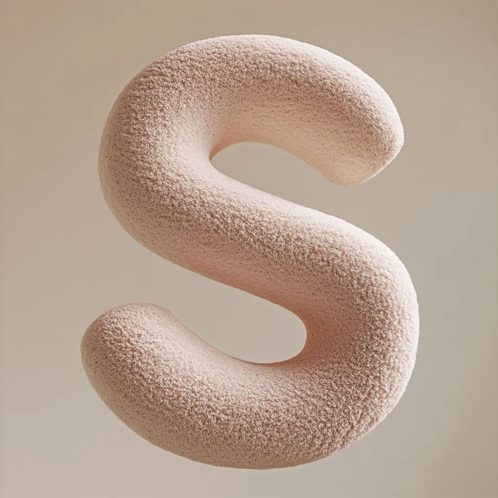 The image shows a three-dimensional, fluffy letter "S".  The letter is rendered in a pale, peachy-pink color, appearing soft and textured, like a plush toy or a shag carpet.  The curves of the "S" are smooth and organic, suggesting a sense of fluidity and softness. The background is a muted beige, providing a neutral contrast to the brightly colored letter.