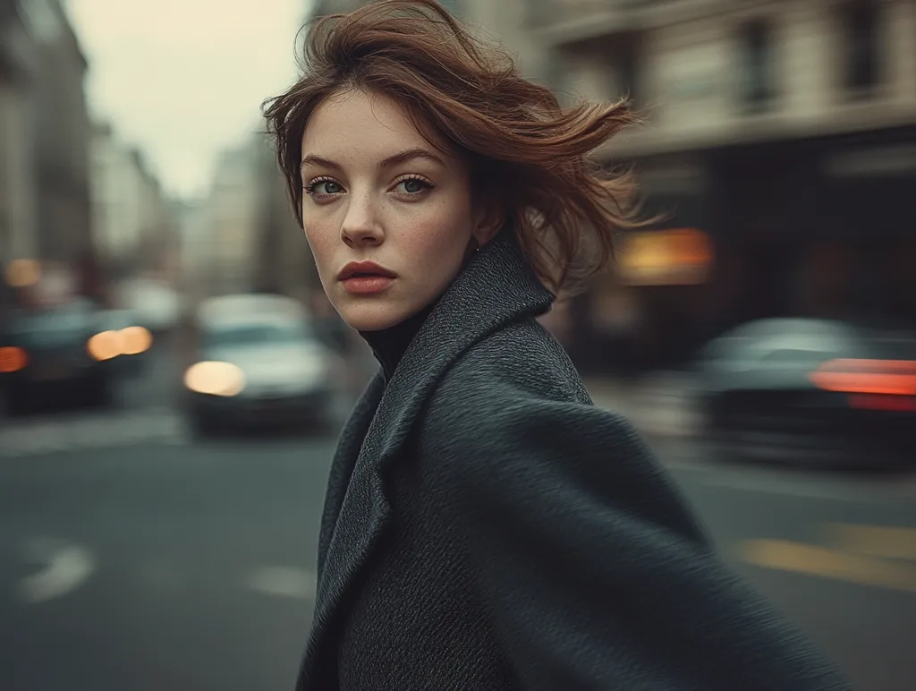 A young woman with shoulder-length brown hair, wearing a dark gray coat, stands on a city street.  Her expression is serious, and her gaze is directed slightly away from the camera.  The background is blurred, showing out-of-focus cars and city buildings, creating a sense of movement and urban energy.  The overall mood is atmospheric and slightly melancholic.