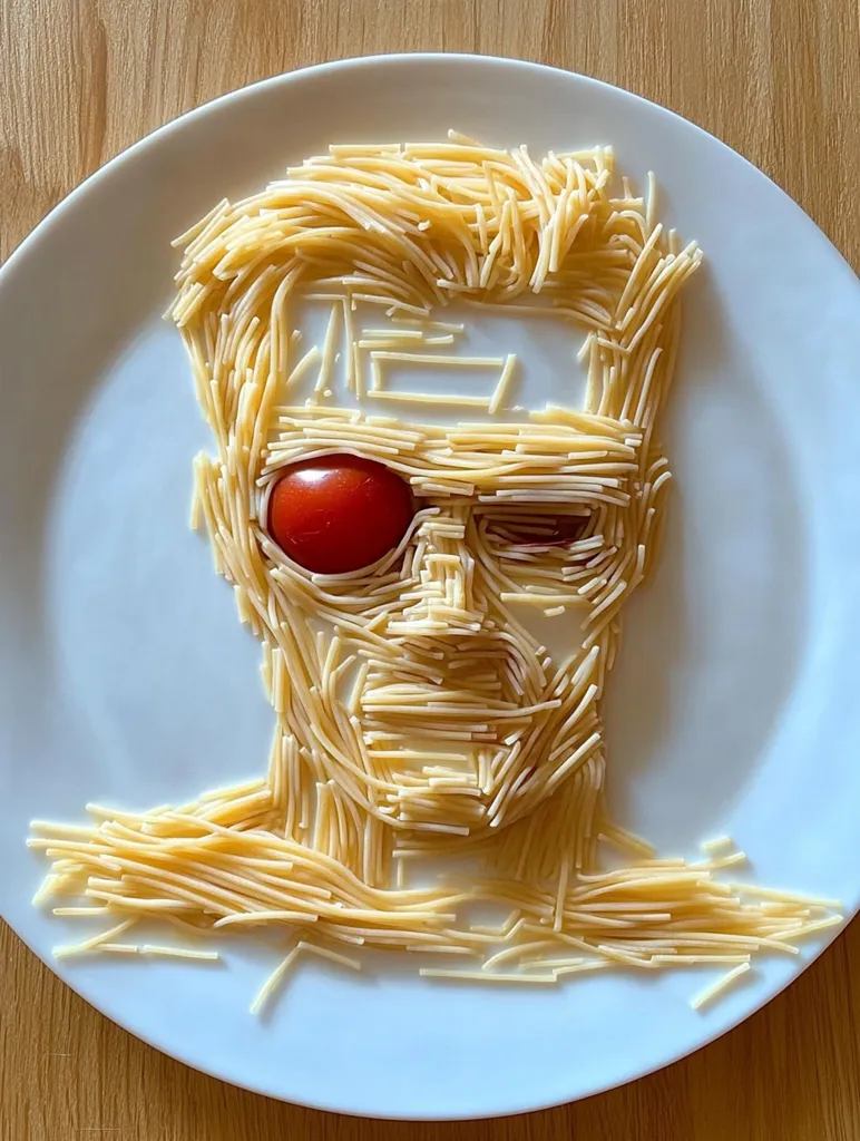 A creative food art depicting the Terminator's face is crafted using uncooked spaghetti strands on a white plate.  The hair and facial features are meticulously formed from the pasta, while two cherry tomatoes serve as his eyes.  The overall effect is a whimsical and surprisingly accurate representation of the iconic character.