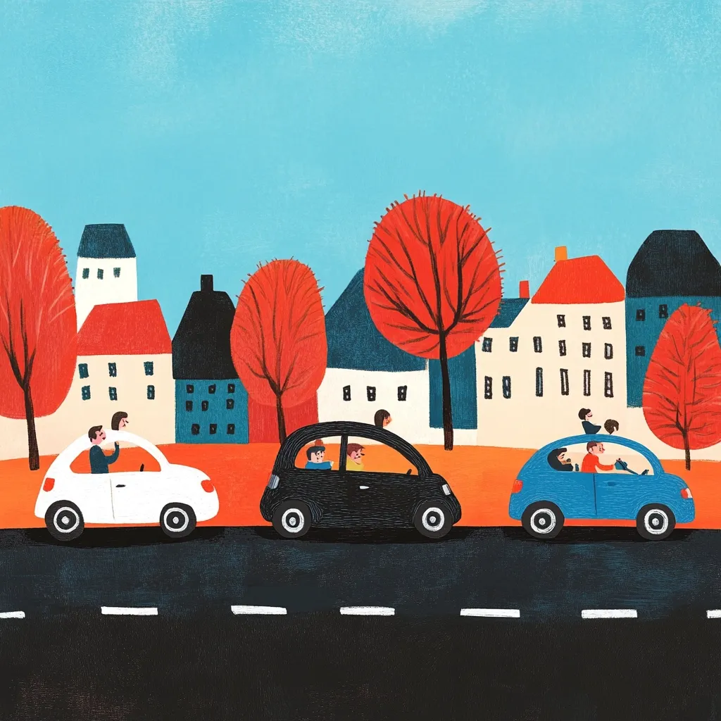A charming illustration depicts three cars driving down a street lined with colorful houses and autumnal trees.  The cars are filled with small, stylized figures.  The houses are simple, flat shapes in reds and blues.  The overall style is naive and playful, with a bright, cheerful color palette.  The scene evokes a sense of calm suburban life.