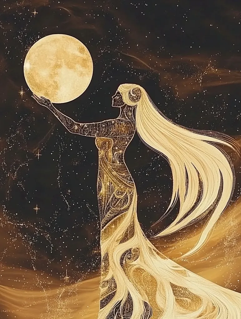 A golden goddess, adorned with celestial patterns, gracefully holds a luminous full moon.  Her long, flowing hair cascades like shimmering starlight against a dark, cosmic backdrop sprinkled with tiny stars. The overall aesthetic is one of ethereal beauty and celestial harmony, evoking a sense of magic and wonder. The image is rich in detail and uses a warm gold palette against a deep brown night sky.