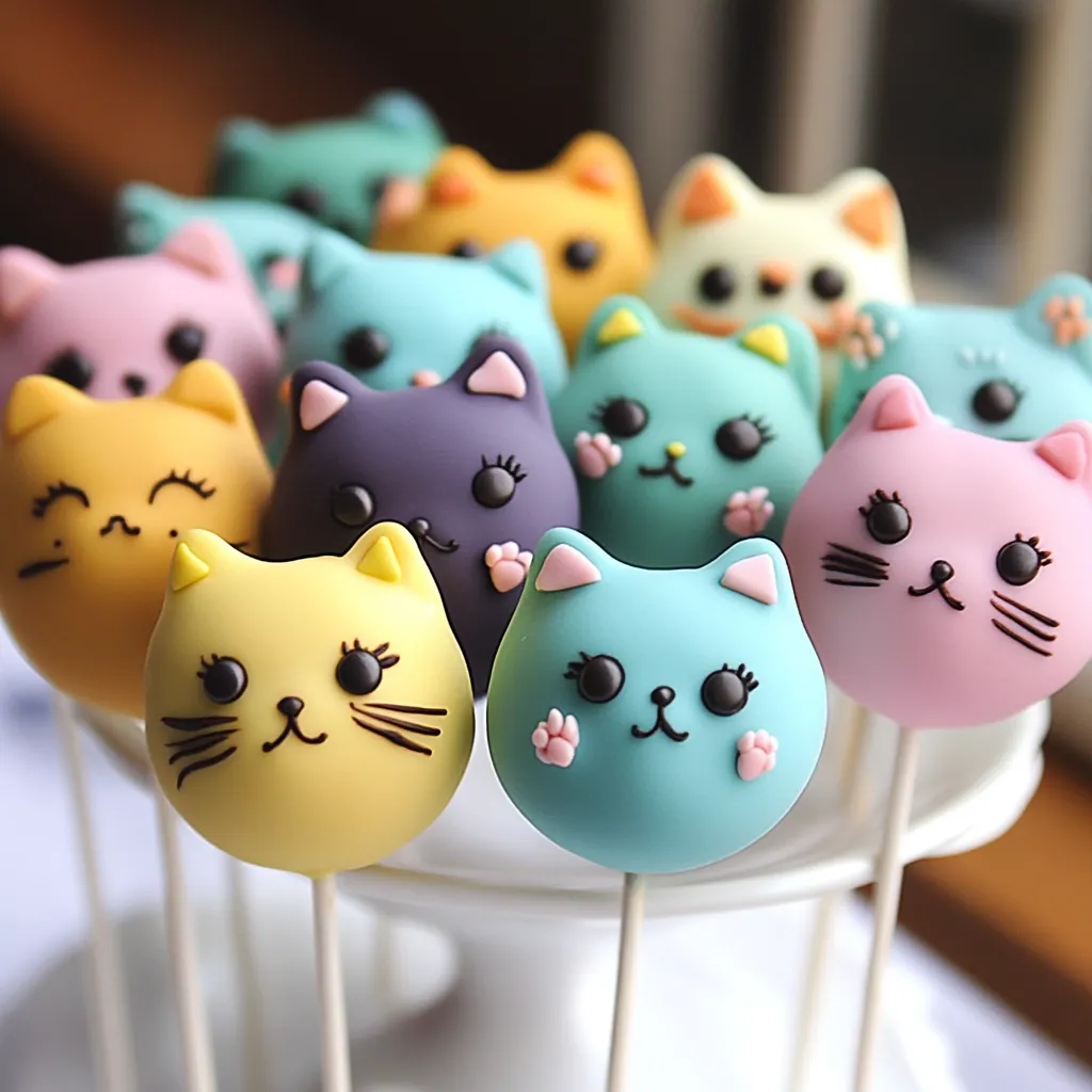 A delightful collection of cake pops shaped like adorable cartoon cats in various pastel colors.  Each cat features delicate details like whiskers, paws, and expressive eyes.  The pops are arranged on a tiered white stand, creating a charming and visually appealing treat perfect for a party or special occasion.