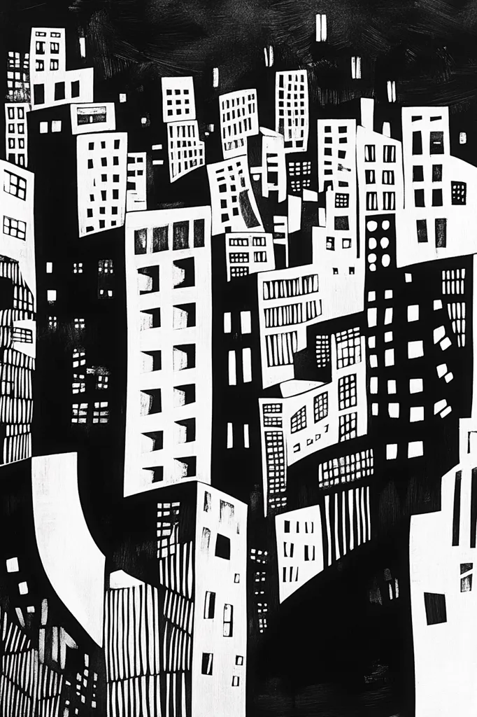 A black and white illustration depicts a dense cityscape at night.  Buildings are rendered in a bold, graphic style with stark contrasts between white structures and the inky black background.  The architectural forms are simplified, creating a stylized representation of urban density and height.  The overall effect is a powerful and slightly abstract depiction of a city skyline.