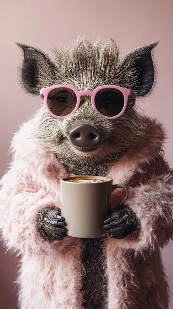 A whimsical image of a boar wearing pink sunglasses and a fluffy pink coat, holding a cup of coffee with latte art.  The boar appears stylish and sophisticated, creating a humorous juxtaposition of animal and fashion. The muted pink background complements the overall aesthetic.