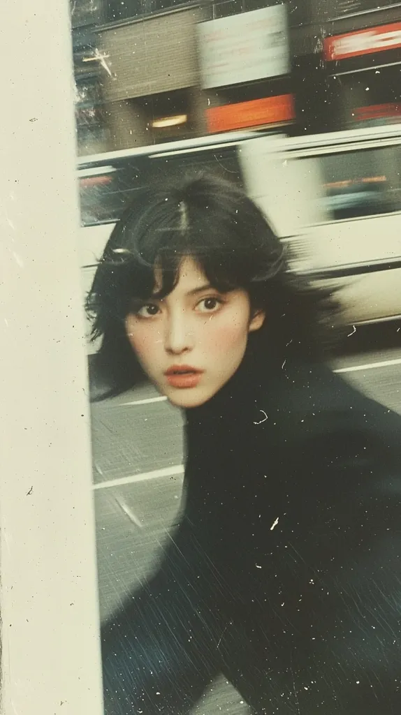 A young woman with dark, short hair looks directly at the camera.  She's wearing a dark turtleneck sweater. The background is blurred, suggesting motion, with out-of-focus city streets and vehicles appearing as streaks of color.  The overall image has a vintage, grainy, almost film-like quality, enhancing its moody atmosphere. The photo has a slightly nostalgic feel.