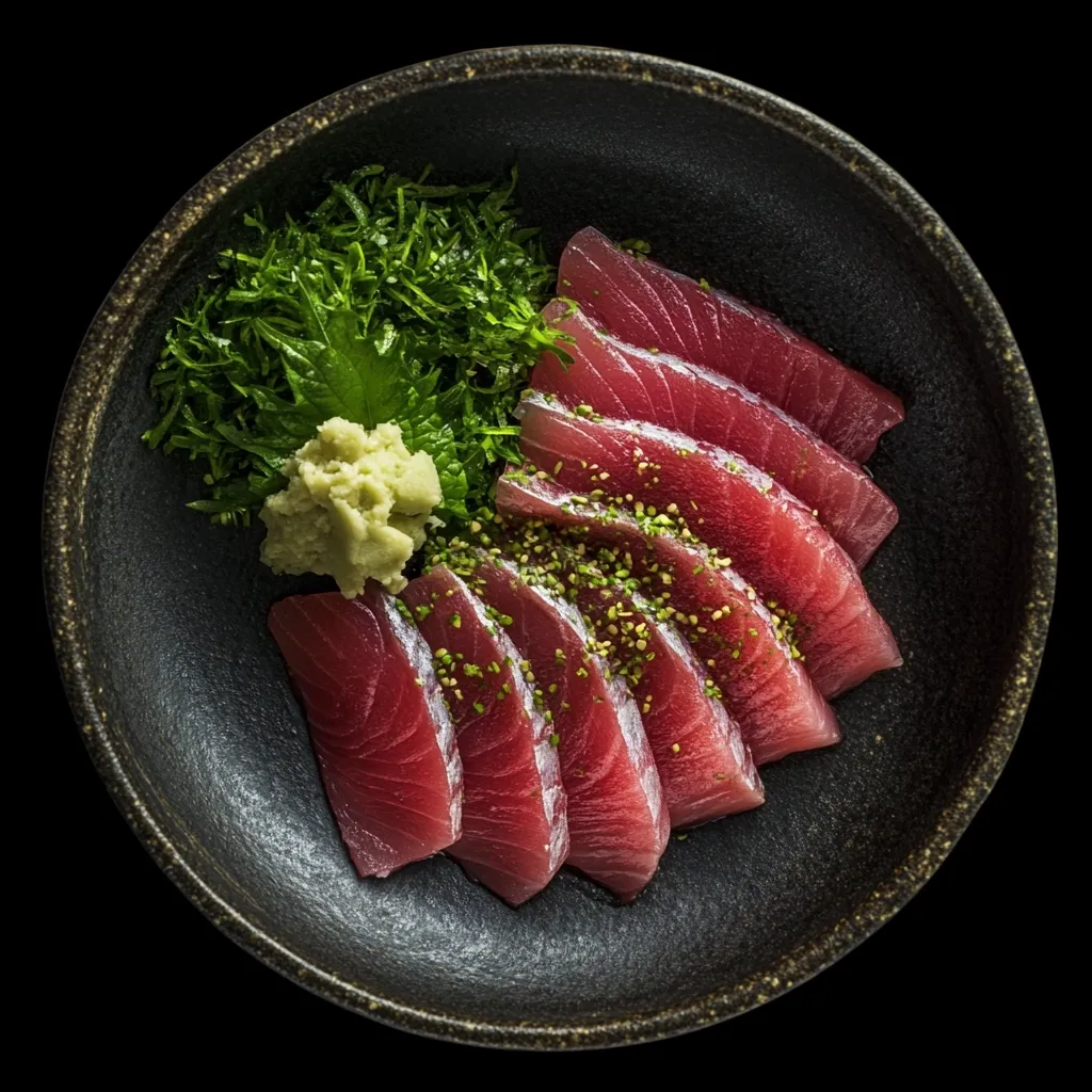 A dark-colored bowl holds a meticulously arranged serving of sashimi.  Thinly sliced, rich red tuna is artfully fanned out, sprinkled with a light green garnish.  A small mound of wasabi rests beside a bed of vibrant green shredded greens, completing the visually appealing and delicious-looking dish.  The dark background emphasizes the presentation.