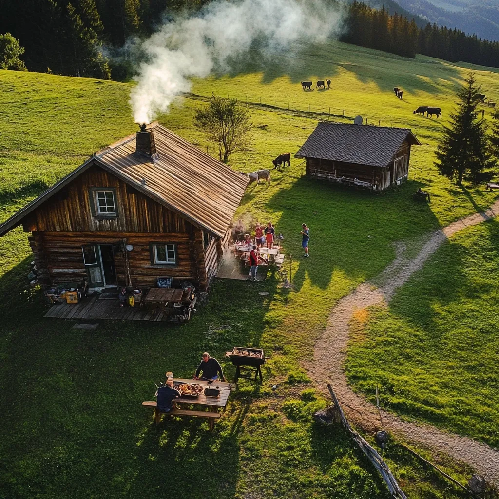 An aerial view of a picturesque alpine scene. A rustic log cabin, emitting smoke from its chimney, sits on a vibrant green pasture.  Several people enjoy meals at outdoor tables near the cabin. A smaller wooden structure and grazing cattle add to the idyllic setting.  A winding path meanders through the lush landscape, completing the tranquil image.